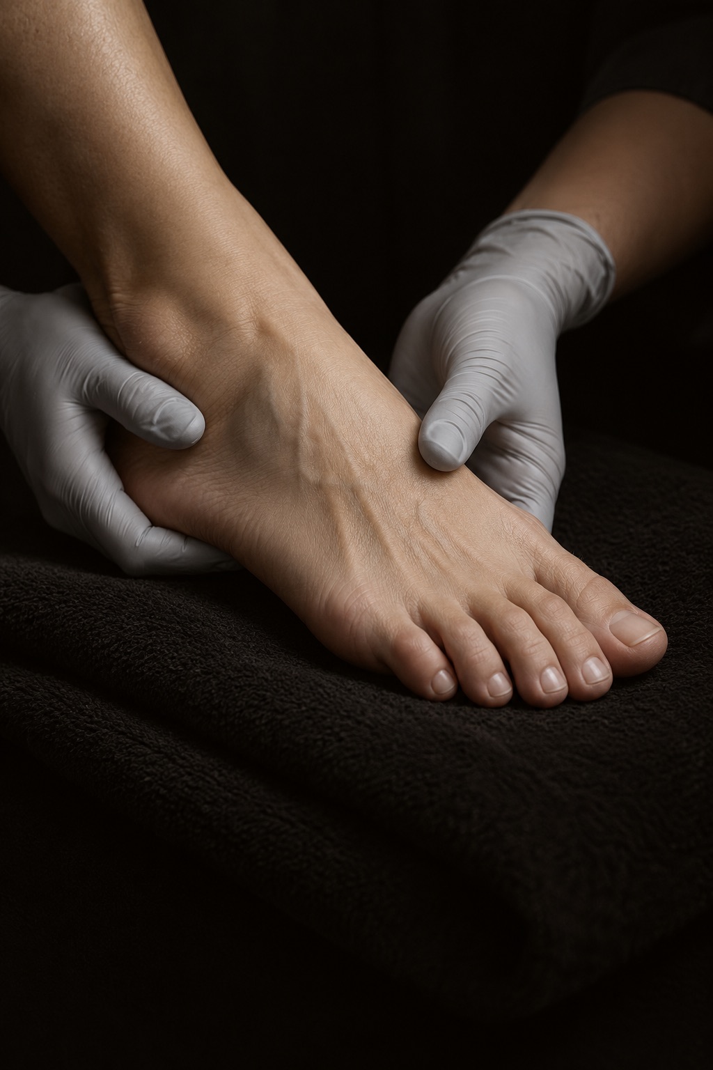 Gloved hands gently holding a bare foot during a foot care assessment