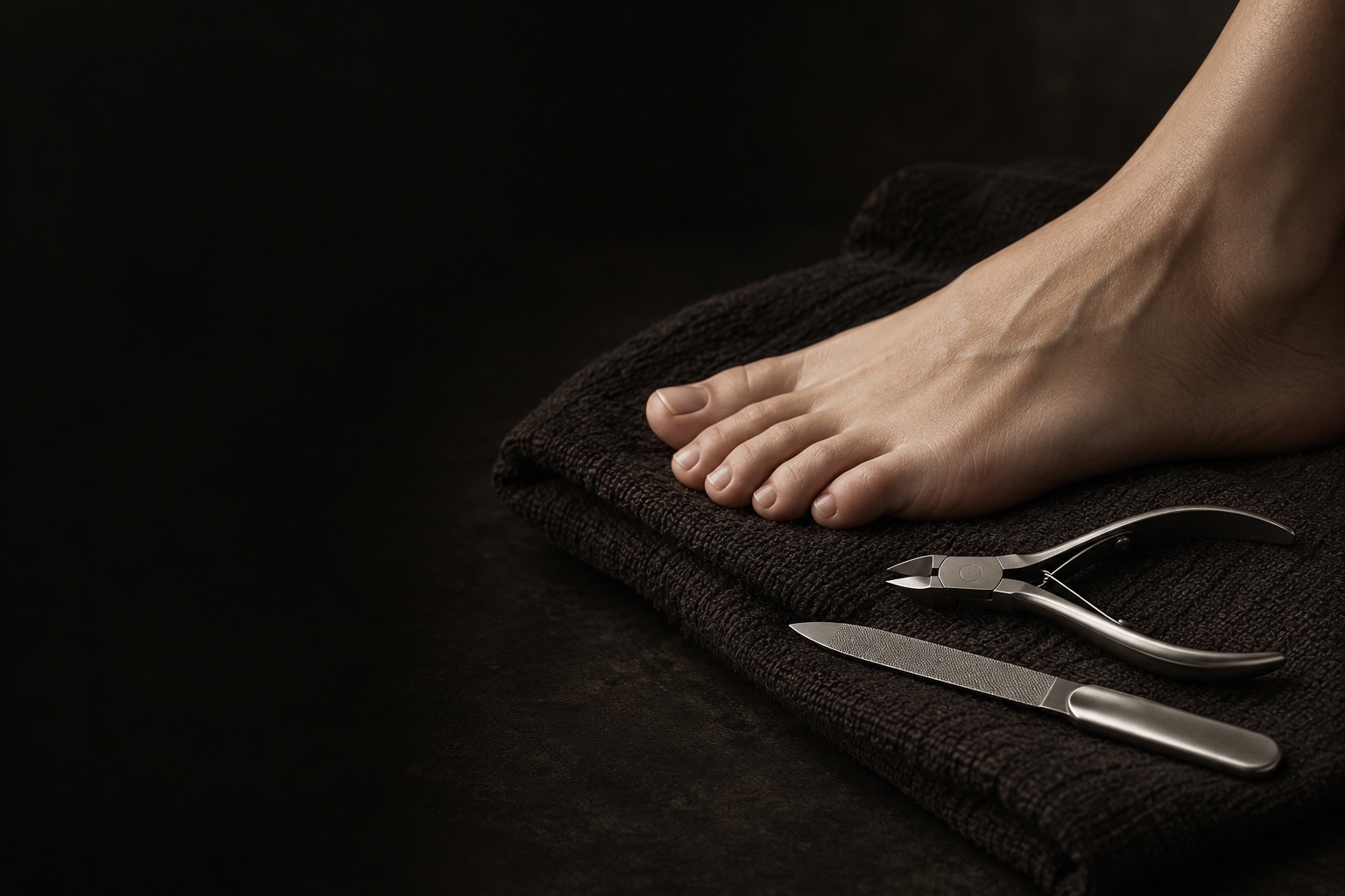 Foot care tools, a nail nipper and a nail file, beside a bare foot resting on a folded dark towel